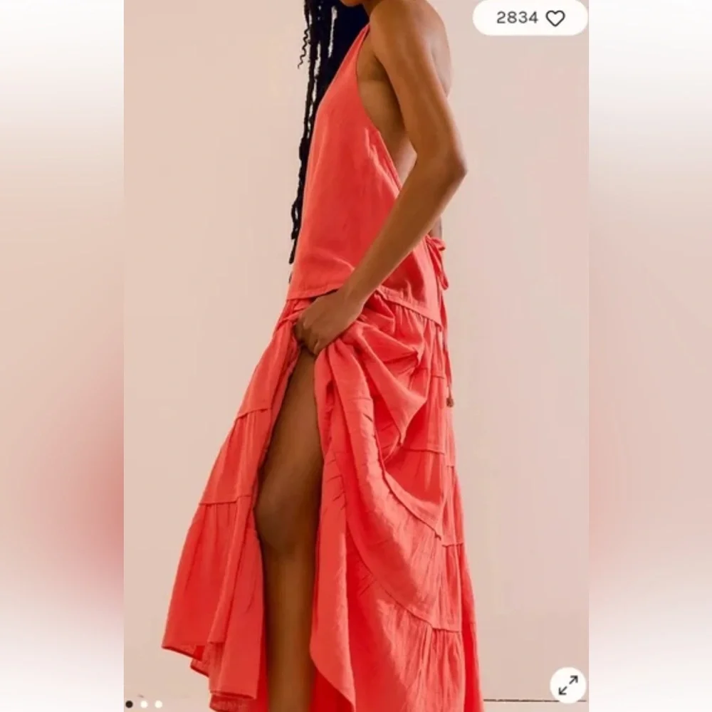 Free People Coral Tiered Halter Maxi Dress
